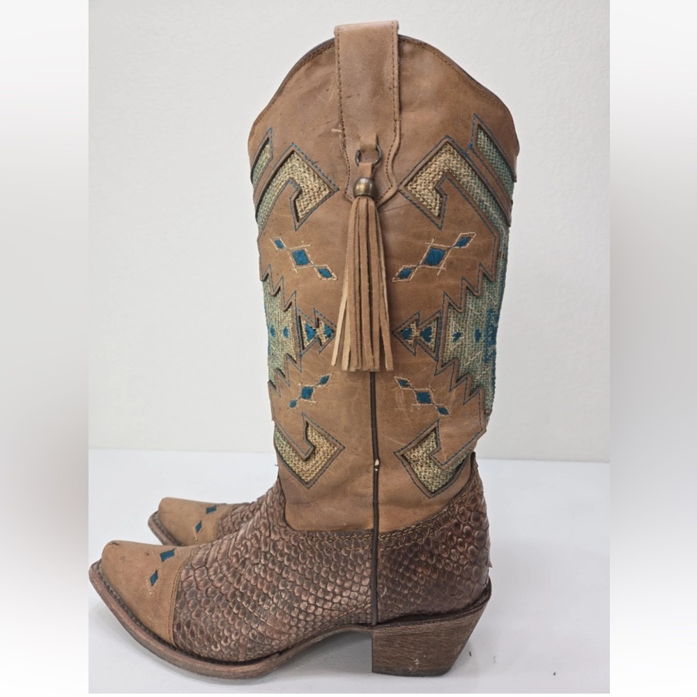 Corral Vintage Boots C2693 Python Aztec Indian Teal Brown Size 8.5M Womens - Picture 3 of 14